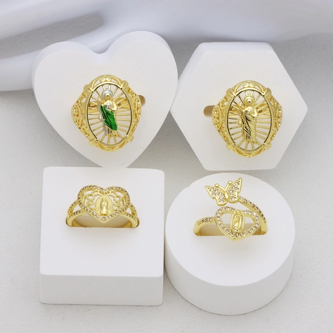 Anello Aperto Regolabile in Rame Oro Religioso Vergine Maria Cuore Farfalla Per Donna Vintage Traforato Con Intarsio in Zirconia Gioielli