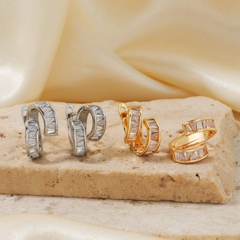 Geometrische C-förmige Ohrringe Mit Kupfer-Ohrstecker Baguette Zirkonia Einlage Spiral-Design Trendiger Schmuck Für Damen