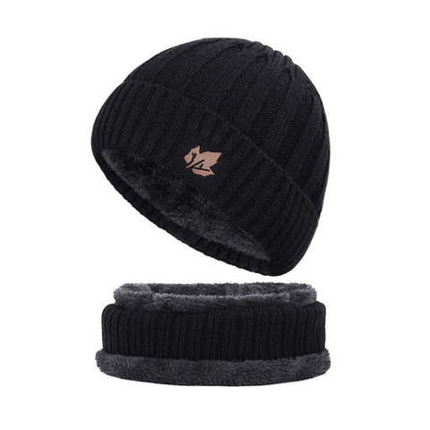 Men Winter Knit Beanie Hat And Neck Warmer Fleece Lined Warm Maple Leaf Embroidery Outdoor Cycling Solid Color