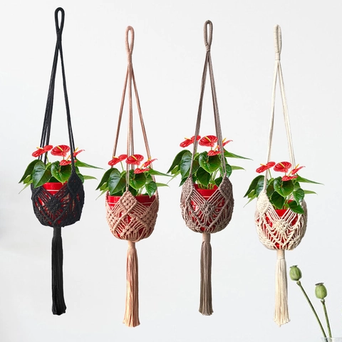 Macrame Plant Hanger Cotton Rope Hand Woven Boho Hanging Planter Basket With Tassels For Indoor Outdoor Home Decor
