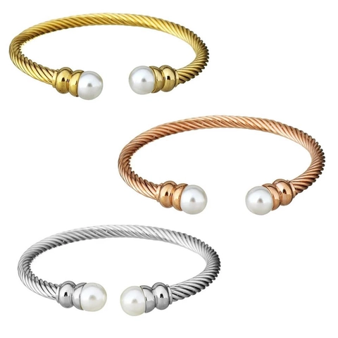 Minimalist Open Cuff Bracelet Stainless Steel Twisted Cable Double Artificial Pearl Elegant Vintage Style Jewelry For Women