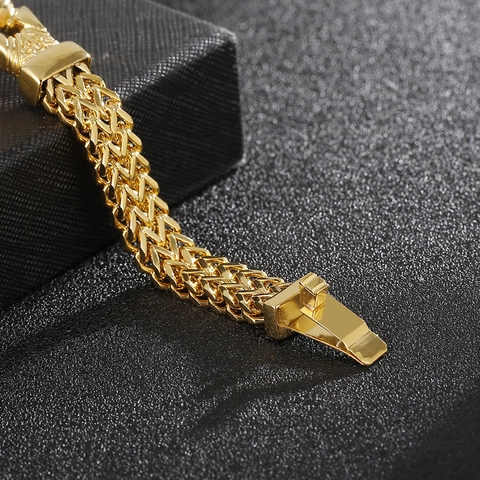 Bracelet Homme Plaqué Or Acier Inoxydable 316L Double Rangée Chaîne De Blé Keel Boucle Hip Hop Street Rock Style