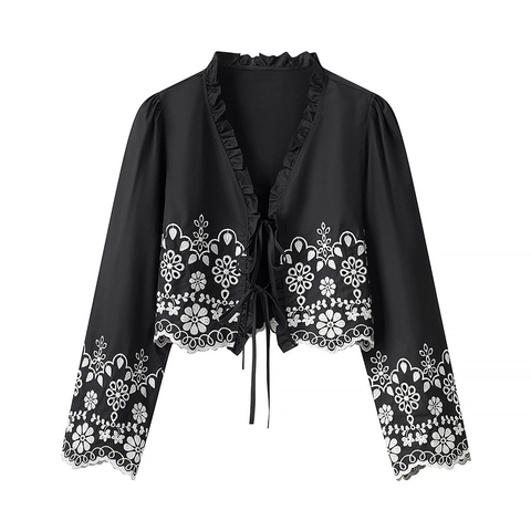 Chemisier Court Femme Vintage Broderie Florale Bord Festonné Lacet Manches Longues Élégant Top Bohème Polyester Noir