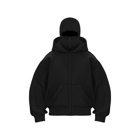 Full-Zip-Hoodie Mit Integrierter Maske Balaclava Streetwear Drop Shoulder Fleece-Sweatshirt Für Herren Lässig Einfarbig