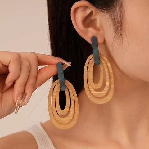 Orecchini Pendenti Ovali Geometrici Vintage Resina Lega Con Perno In Argento Donne Stile Di Nicchia Artistico Retro
