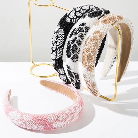 Handgefertigte Blumen Perlen Stirnband Für Damen Breit Gepolstert Dicke Schwamm Hoch Barock Bohemian Haarschmuck