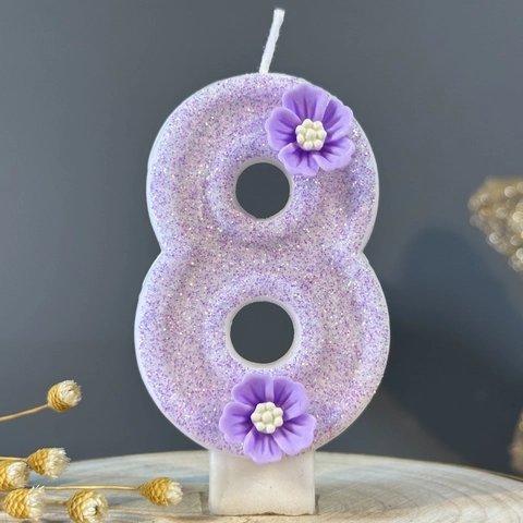 Number Shaped Birthday Candle Purple Glitter Flower Decor Paraffin Wax Cake Topper Celebration Anniversary