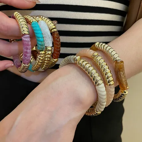 Bracciale Acrilico Spirale Intrecciata Lega Metallo Giuntato Geometrico Rigido Retro Boho Gioielli Moda Donne Ragazze