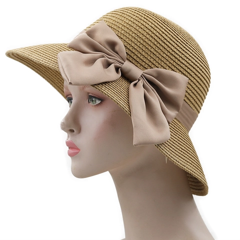 Sombrero De Paja Mujer Ala Ancha Transpirable Plegable Playa Vacaciones Elegante Lazo Cinta Protección Solar Viaje Verano