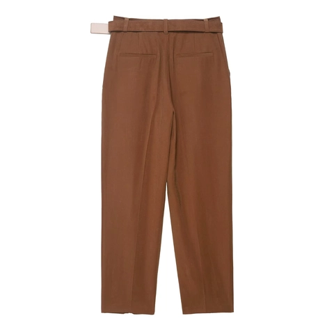 Pantaloni Vita Alta Donna Con Cintura Pieghe Poliestere Ufficio Casual Caramello Eleganti