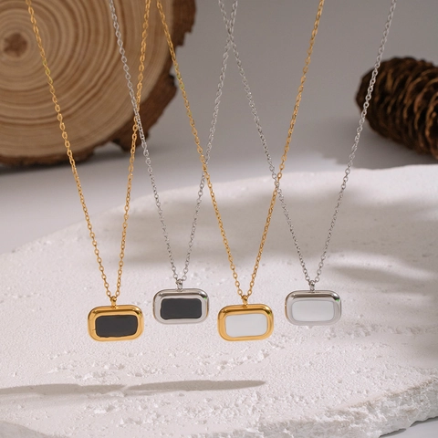 Halskette Edelstahl Rechteck Anhänger 18K Vergoldet Emaille Wasserdicht Hypoallergen Minimalistischer Schmuck Für Damen