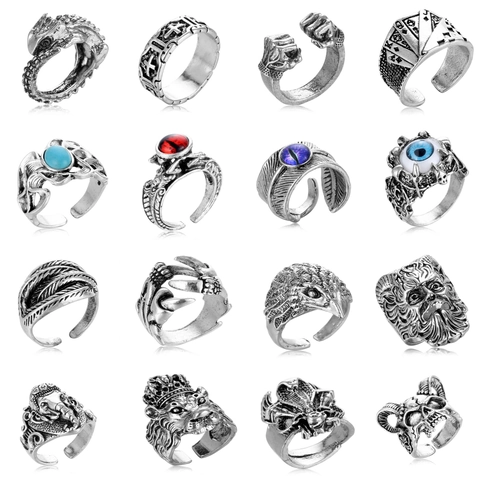 Anillos De Aleación Punk Góticos Vintage Para Hombre Banda Abierta Ajustable Color Plata Retro Joyería Hip Hop