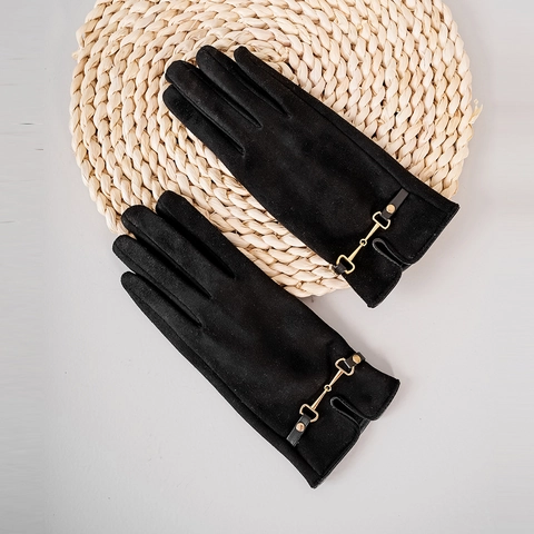 Women Touch Screen Suede Gloves Warm Winter Elegant Fashion Accessory With Horsebit Metal Buckle Solid Color Soft Suede Fabric