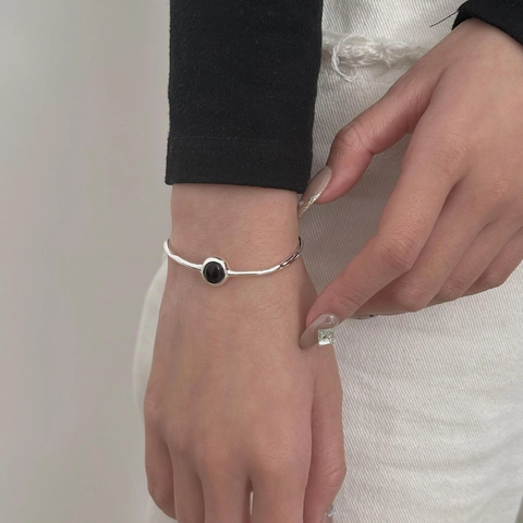 Bracciale Rigido Minimalista In Argento Sterling 925 Con Agata Nera Bracciale Aperto Geometrico Irregolare Da Donna