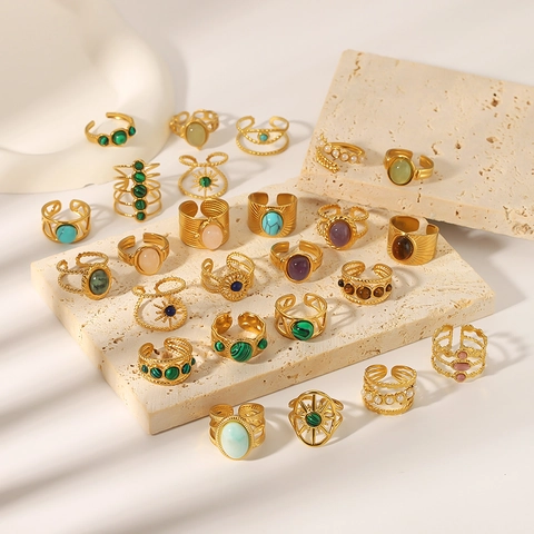 Vintage Geometric Adjustable Rings For Women 18K Gold Plated Stainless Steel Natural Stone Retro Jewelry Bohemian Style