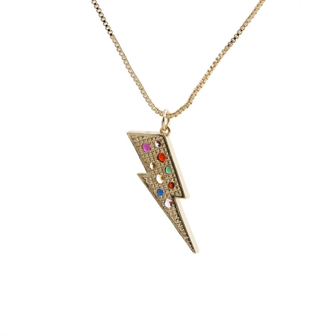 Collana Con Ciondolo A Fulmine In Rame Placcato Oro Con Strass Colorati Arcobaleno Targhetta Rettangolo Gioielli Donna
