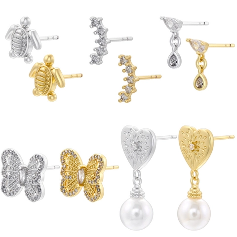 Brass Animal Butterfly Turtle Heart Shape Stud Earrings For Women Rhinestone Artificial Pearl Inlaid Elegant Fashion Jewelry