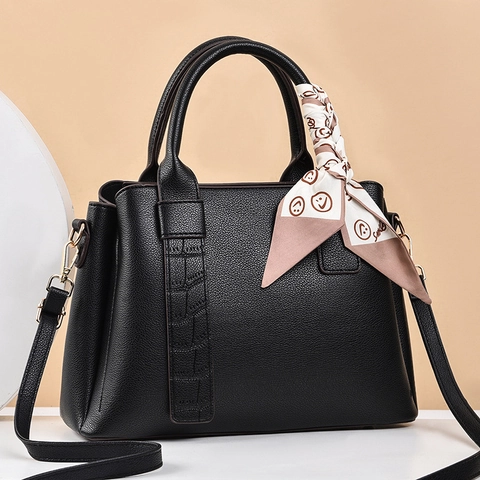 Women PU Leather Handbag Large Capacity Commuter Shoulder Bag Litchi Grain Crocodile Pattern With Satin Scarf Gold Hardware