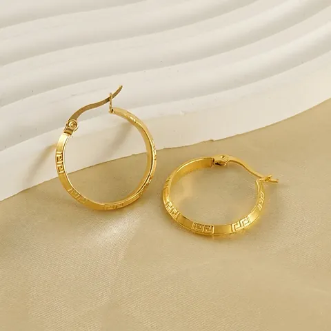 Créoles Vintage En Acier Inoxydable Plaqué Or 18K Motif Grec Bijoux Géométriques Pour Femmes