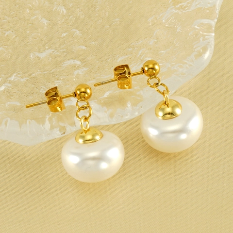Artificial Pearl Drop Earrings 18K Gold Plated Stainless Steel Jewelry With Titanium Steel Earring Post French Style Minimalist