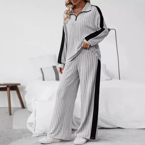 Completo Donna Casual in Maglia a Costine Con Mezza Zip Top a Maniche Lunghe e Pantaloni a Gamba Larga Patchwork