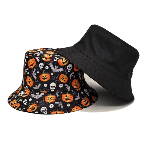 Halloween Vissershoed Polyester Omkeerbaar Pompoen Schedel Vleermuis Print Vintage Zonnehoed Feestaccessoire