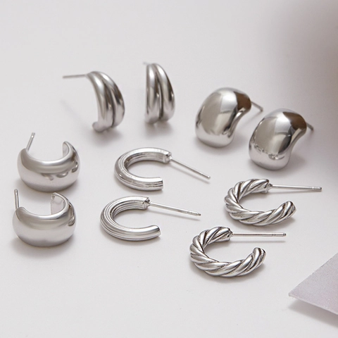 Geometric C Shape Hoop Earrings Stainless Steel Waterproof Hypoallergenic Minimalist Chunky Twisted Rope Jewelry For Women