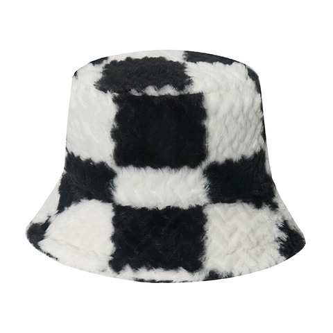 Checkered Bucket Hat Plush Faux Fur Warm Soft Winter Basin Hat For Women Girls Plaid Design