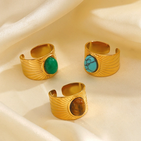 Bague Large en Acier Inoxydable Vintage pour Femme Plaquée Or Ovale Pierre Naturelle Perle Artificielle Ouverte Réglable Bijoux
