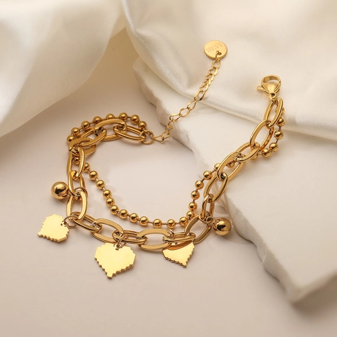 Bracciale Con Ciondolo A Cuore A Doppio Strato Placcato Oro 18K Acciaio Inossidabile Gioielli Moda Chic Donna Chiusura Moschettone