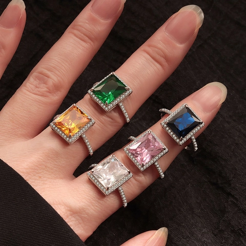 925 Sterling Silver Ring Rectangle Cut Colored Gemstone Halo Vintage French Style Elegant Finger Jewelry For Women