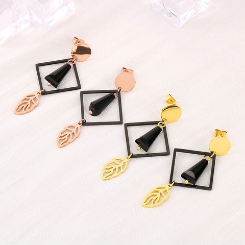 Pendientes Largos Geométricos De Acero Inoxidable Con Colgante De Hoja Hueca Y Cuenta Negra Joyería Minimalista Moderna
