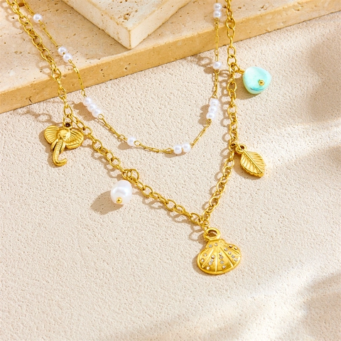 Ocean Starfish Shell Layered Necklace Stainless Steel Faux Artificial Pearl Turquoise Elephant Sun Charms Bohemian Jewelry For Women