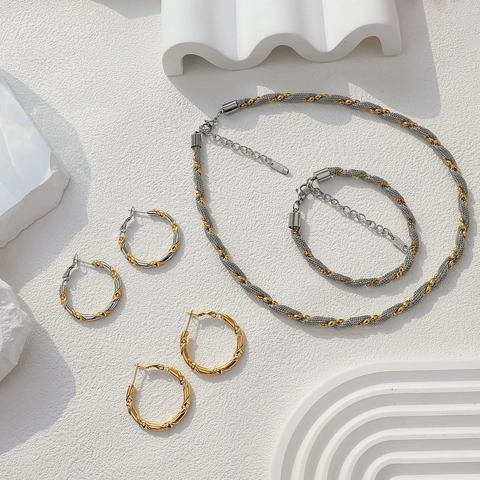 Luxury Stainless Steel Twisted Rope Jewelry Two Tone Gold Silver Hoop Earrings Chain Necklace Bracelet For Women Jewelry