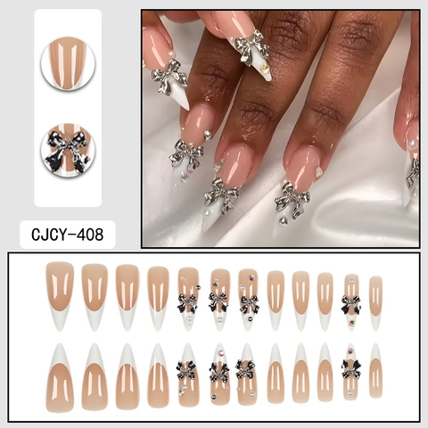 Uñas Postizas Largas Stiletto Francesas Con Lazo De Metal 3D Perlas Artificiales Artificiales Y Brillantes Manicura Rosa Nude