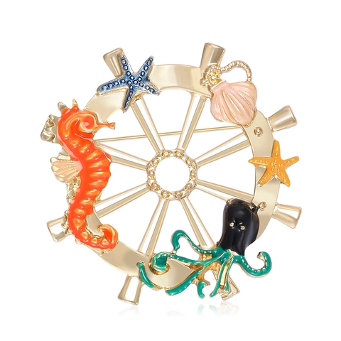 Broche De Timón De Barco Náutico Pin Aleación Esmalte Colorida Vida Marina Caballito De Mar Pulpo Accesorio Mujer Hombre