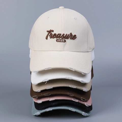 Casquette De Baseball En Coton Bord Déchiré Broderie Lettres 3D Retro Streetwear Sommet Dur Ajustable Chapeau Unisexe