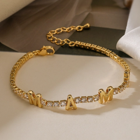 Kettenarmband Kupfer 18K Vergoldet Zirkonia LOVE MAMA Buchstabe Verstellbarer Modeschmuck Für Frauen Geschenk