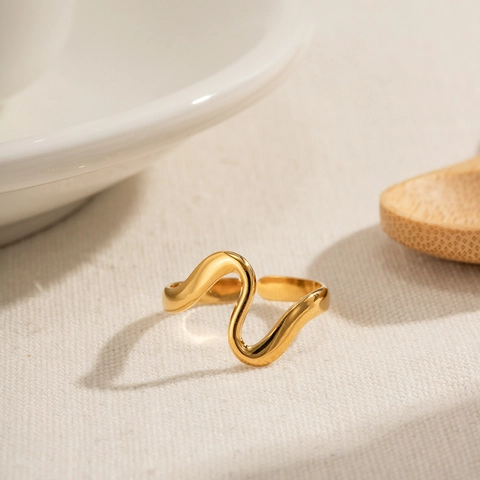 Onregelmatige Gegolfde Open Ring 18K Verguld Roestvrij Staal Minimalistische Geometrische Verstelbare Sieraden