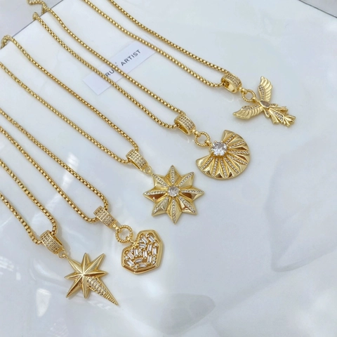 Oktogonaler Stern Herz Fächer Anhänger Halskette Kupfer Vergoldet Funkelnde Zirkonia Eleganter Schmuck Für Damen