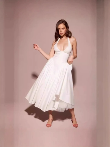 Women Sexy Deep V Neck Halter Maxi Dress Pleated High Waist Solid Color Sleeveless Summer Vacation Party