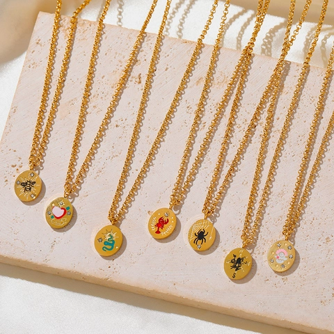 Collana Pendente Acciaio Inossidabile Ovale Smalto Animale Serpente Ape Cuore Amore Bussola Strass Placcato Oro 18K