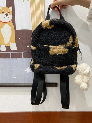 Mini Zaino In Peluche Carino Per Donne Ragazze Stampa Mucca Sherpa Piccolo Zainetto Con Ciondolo Orso Bianco Kawaii