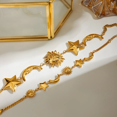 Stainless Steel Celestial Charm Bracelet With Sun Moon Star Pendants For Women Gold Plated Bohemian Jewelry