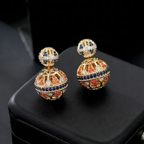 Vintage Luxury Gold Plated Copper Hollow Out Ball Stud Earrings Colorful Zirconia Inlaid With 925 Sterling Silver Earring Post