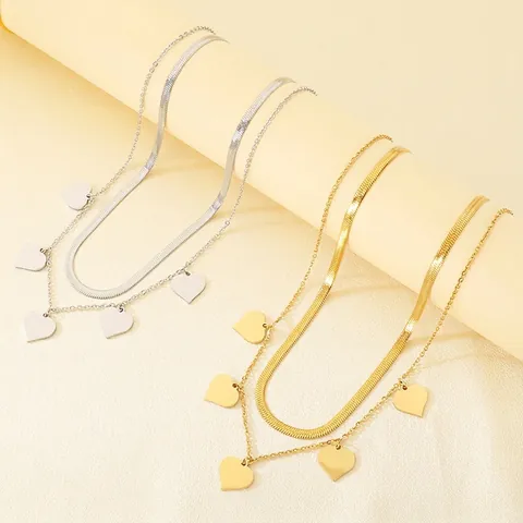 Double Layer Necklace Stainless Steel Heart Pendants Herringbone Snake Chain Chic Sweet Jewelry Daily Wear For Women