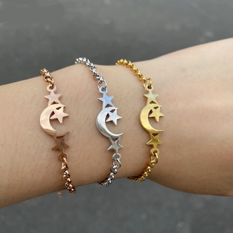 Pulsera De Acero Inoxidable Colgante De Luna Y Estrellas Ajustable Joyería Celestial Minimalista Para Mujer Elegante