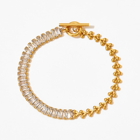Edelstahl Armband Damen Eckiger Bunter Klarer Zirkon Gespleißte Perle Kubanische Kette Knebelverschluss Modeschmuck