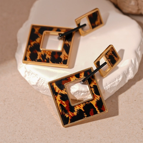 Vintage Leopard Print Geometric Square Drop Earrings Acrylic Alloy And 925 Sterling Silver Earring Post For Women