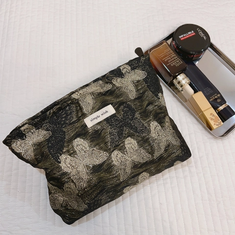 Borsa Trucco Jacquard Farfalla Vintage Donne Ricamo Raso Dorata Retro Pochette Borsa A Mano Cerniera Organizzatore